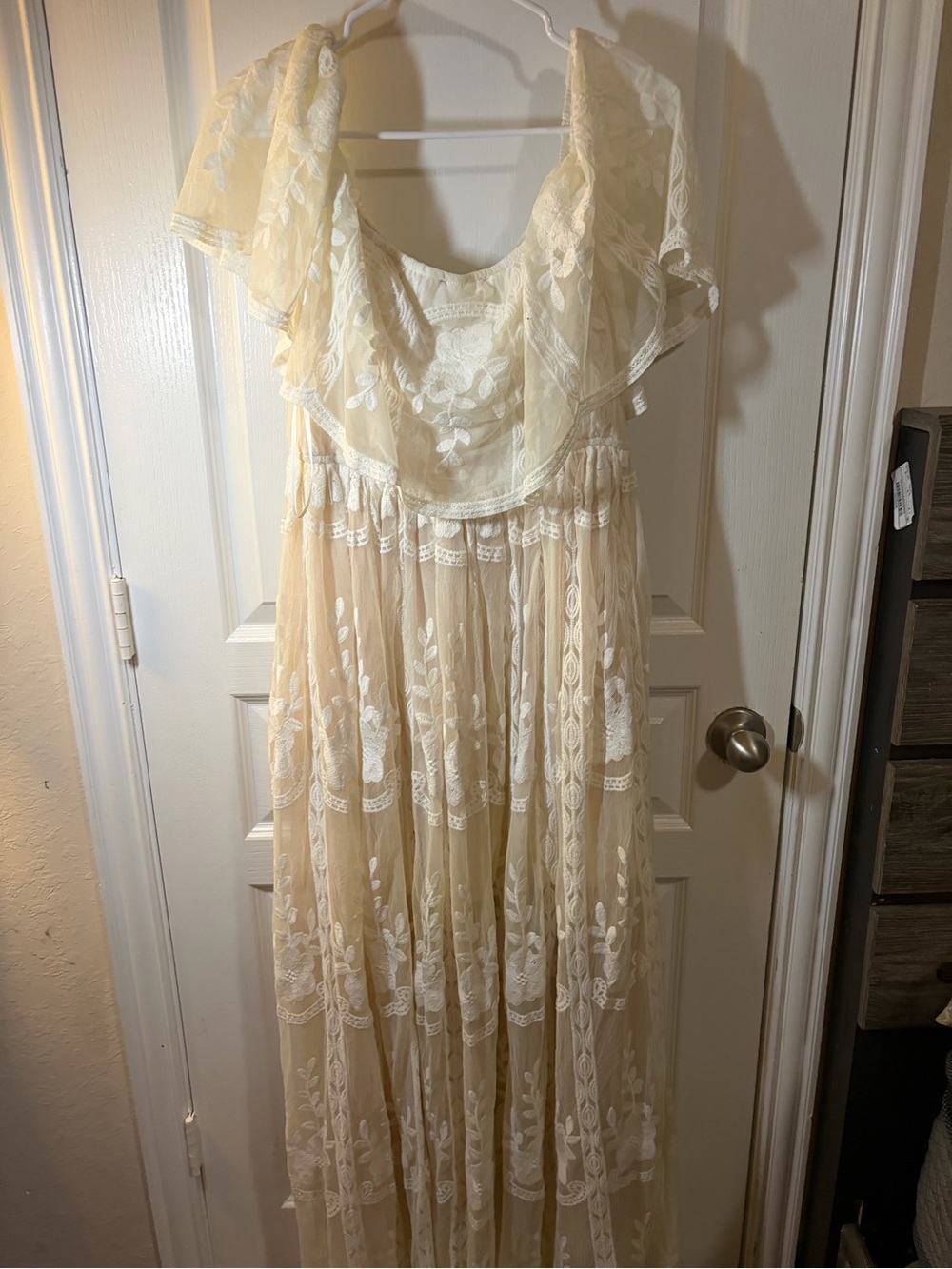 Aakaa Cream Lace Maxi Dress with Floral Overlay